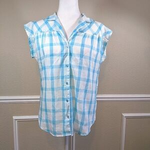 Vintage Blue and White Plaid Sleeveless Notched Collar Top